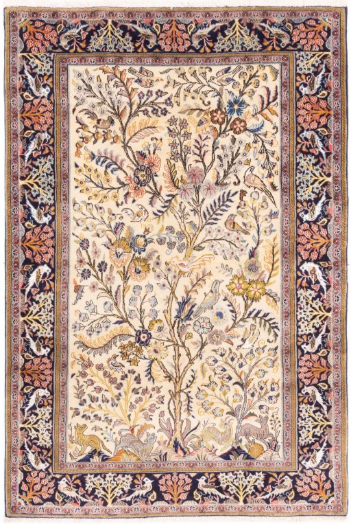 Full view of 2000s Ghom rug from Iran / Persia, 157 × 107 cm in Cream tones