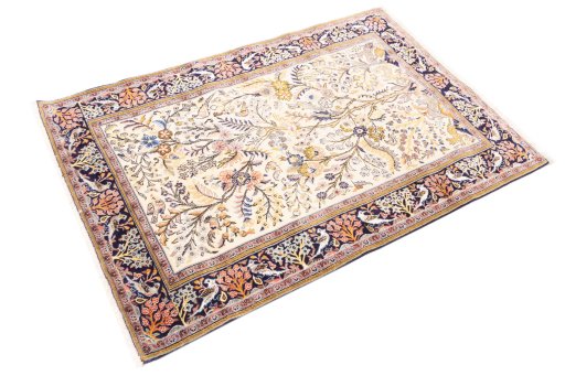 Corner detail of 2000s Ghom rug showing border pattern and Wool pile