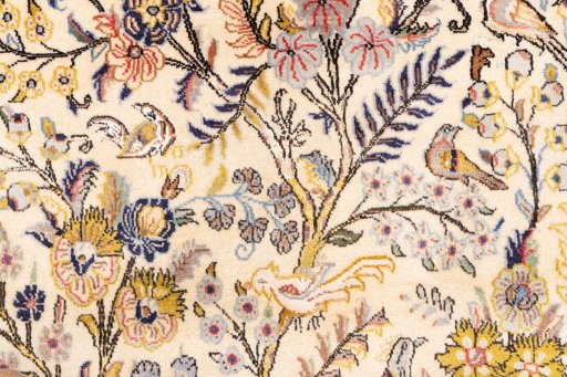Full view of 2000s Ghom rug from Iran / Persia, 157 × 107 cm in Cream tones