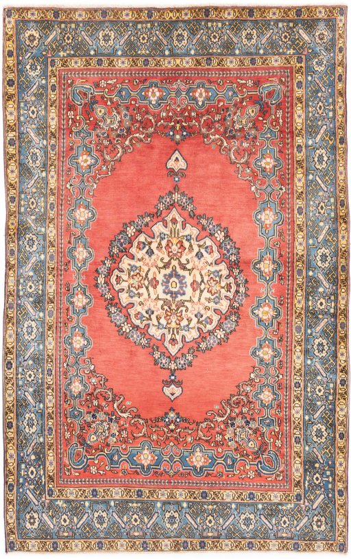 Full view of 1970s Ghom rug from Iran / Persia, 207 × 130 cm in Red tones