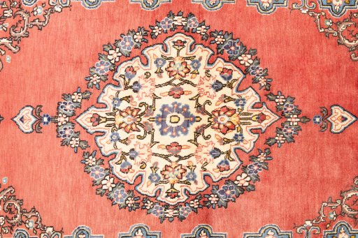 Full view of 1970s Ghom rug from Iran / Persia, 207 × 130 cm in Red tones