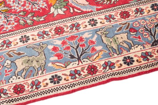 Backside of handmade 1988s Ghom rug showing knot structure and weave density