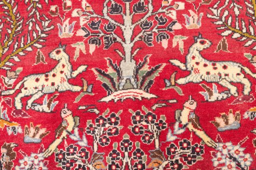 Full view of 1988s Ghom rug from Iran / Persia, 228 × 150 cm in Red tones