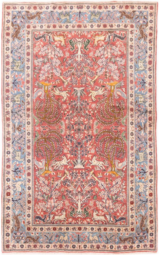 Full view of 1975s Ghom rug from Iran / Persia, 237 × 149 cm in Red tones