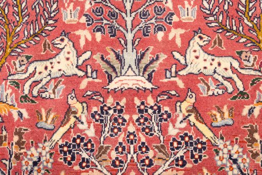 Full view of 1975s Ghom rug from Iran / Persia, 237 × 149 cm in Red tones