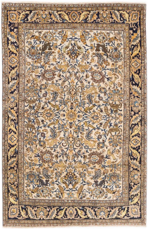 Full view of 1970s Ghom rug from Iran / Persia, 215 × 140 cm in Beige tones