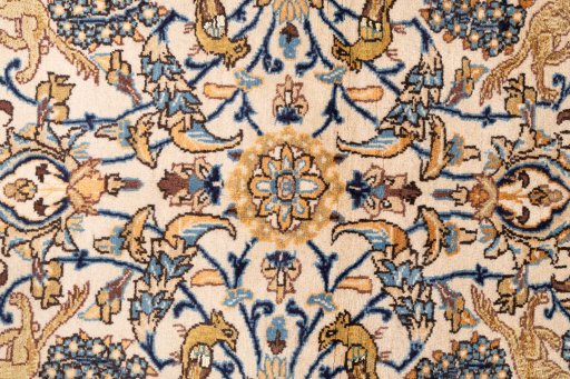 Corner detail of 1970s Ghom rug showing border pattern and Wool pile