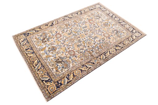 Corner detail of 1970s Ghom rug showing border pattern and Wool pile