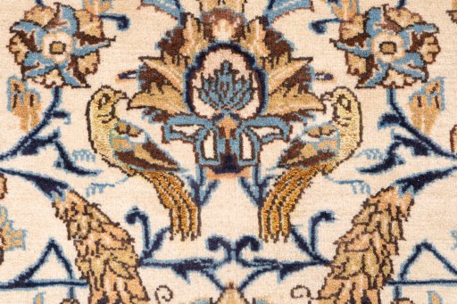 Full view of 1970s Ghom rug from Iran / Persia, 215 × 140 cm in Beige tones