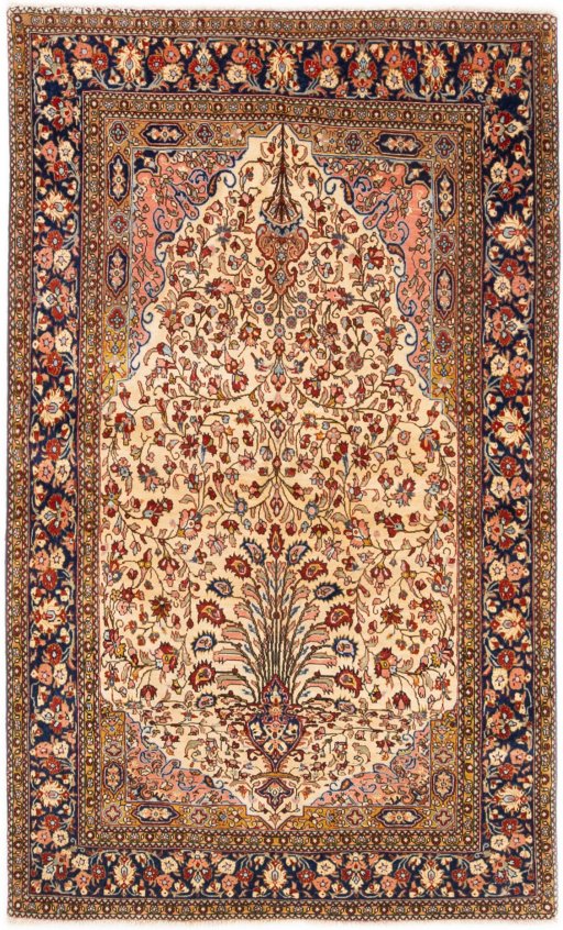 Full view of 1972s Ghom rug from Iran / Persia, 177 × 105 cm in Beige tones