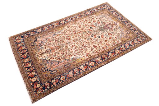 Corner detail of 1972s Ghom rug showing border pattern and Wool pile