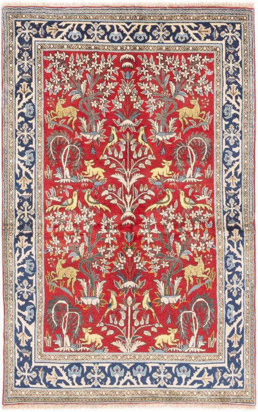 Full view of 1985s Ghom rug from Iran / Persia, 163 × 102 cm in Red tones