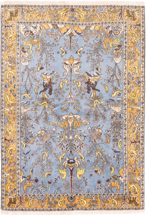 Full view of 1988s Ghom rug from Iran / Persia, 202 × 140 cm in Blue tones