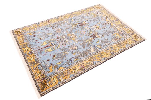 Corner detail of 1988s Ghom rug showing border pattern and Wool pile