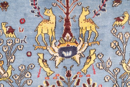 Full view of 1988s Ghom rug from Iran / Persia, 202 × 140 cm in Blue tones