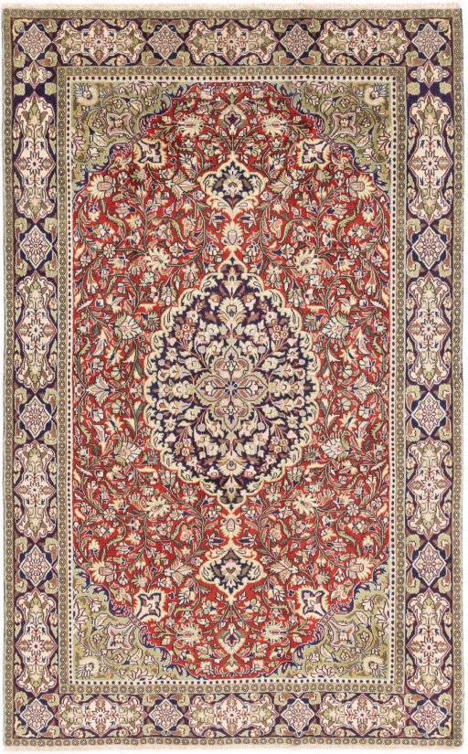 Full view of 1979s Ghom rug from Iran / Persia, 210 × 130 cm in Red tones