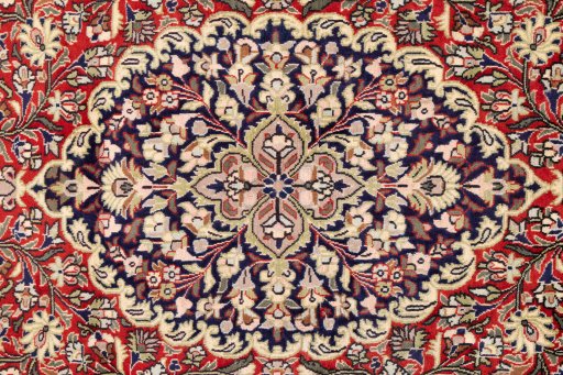 Full view of 1979s Ghom rug from Iran / Persia, 210 × 130 cm in Red tones