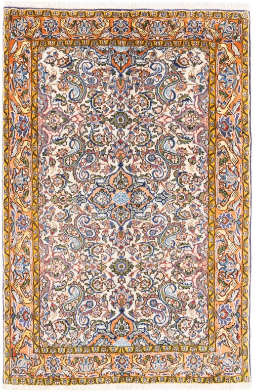 Full view of 1998s Ghom rug from Iran / Persia, 157 × 104 cm in Beige tones