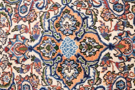 Full view of 1998s Ghom rug from Iran / Persia, 157 × 104 cm in Beige tones