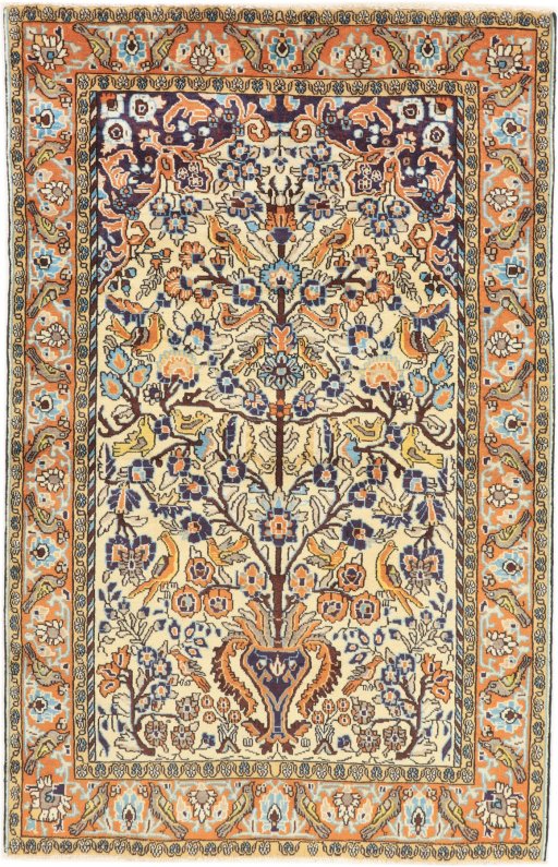 Full view of 1990s Ghom rug from Iran / Persia, 165 × 100 cm in Cream tones