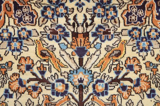 Full view of 1990s Ghom rug from Iran / Persia, 165 × 100 cm in Cream tones