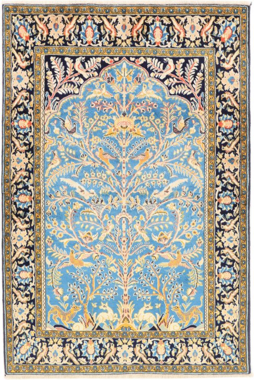 Full view of 1990s Ghom rug from Iran / Persia, 162 × 108 cm in Blue tones