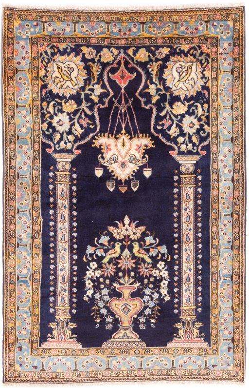 Full view of 1995s Ghom rug from Iran / Persia, 160 × 103 cm in Dark blue tones