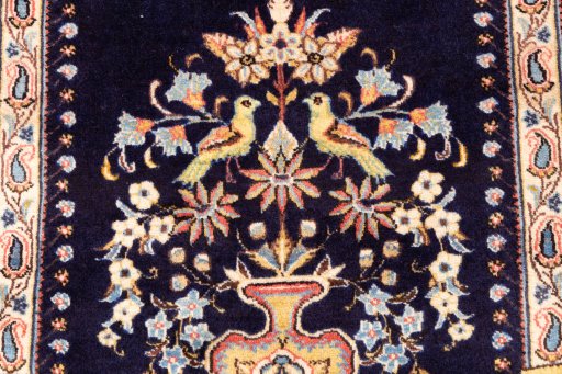 Full view of 1995s Ghom rug from Iran / Persia, 160 × 103 cm in Dark blue tones