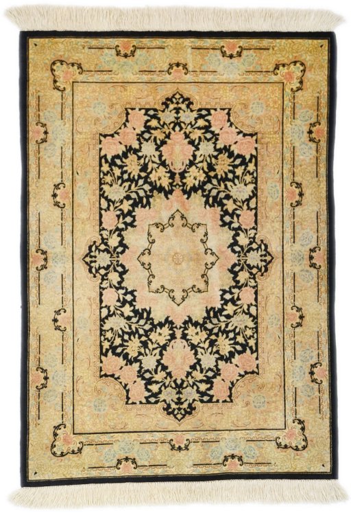 Full view of New Ghom rug from Iran / Persia, 82 × 60 cm in Multi Color tones