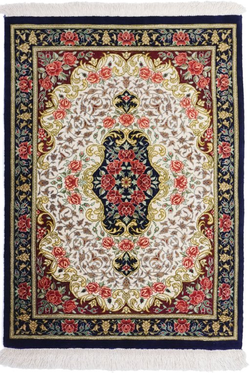 Full view of New Ghom rug from Iran / Persia, 80 × 60 cm in White tones