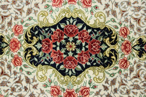 Close-up detail of New Ghom rug from Iran / Persia showing Silk weave