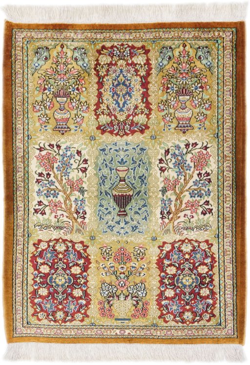 Full view of New Ghom rug from Iran / Persia, 80 × 58 cm in Multi Color tones
