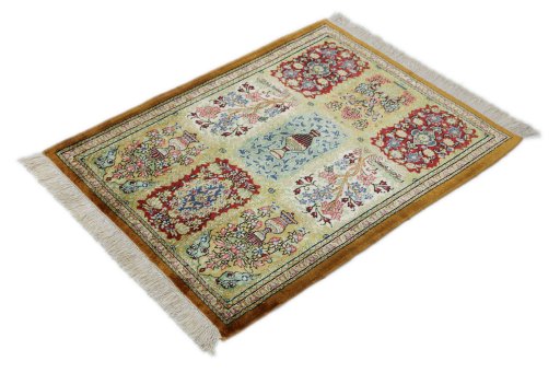 Close-up detail of New Ghom rug from Iran / Persia showing Silk weave
