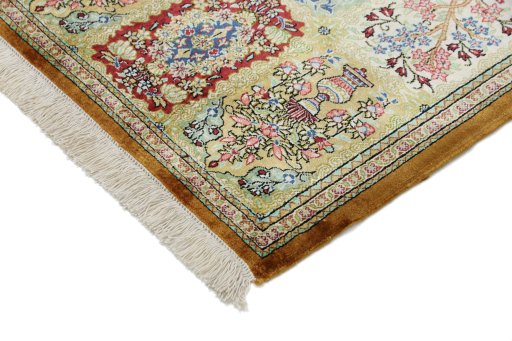 Backside of handmade New Ghom rug showing knot structure and weave density