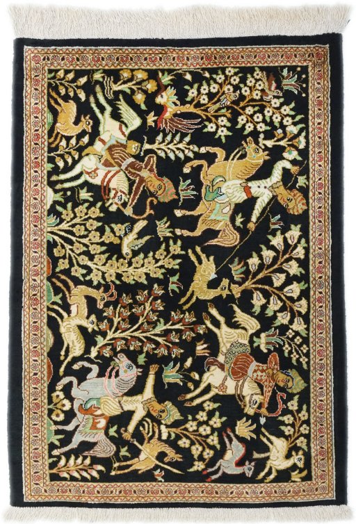 Full view of New Ghom rug from Iran / Persia, 82 × 60 cm in Black tones