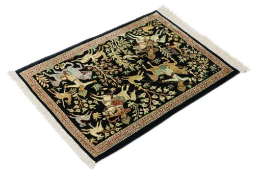 Close-up detail of New Ghom rug from Iran / Persia showing Silk weave