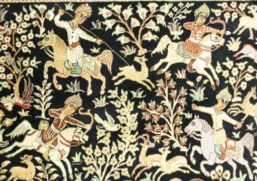 Close-up detail of New Ghom rug from Iran / Persia showing Silk weave