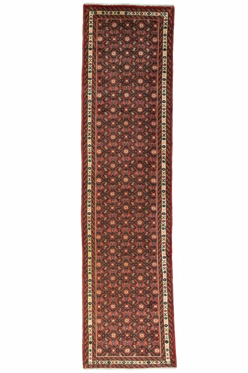 Full view of 2000s Hoseinabad rug from Iran / Persia, 286 × 73 cm in Red tones