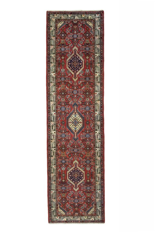 Full view of 2000s Hoseinabad rug from Iran / Persia, 318 × 87 cm in Red tones
