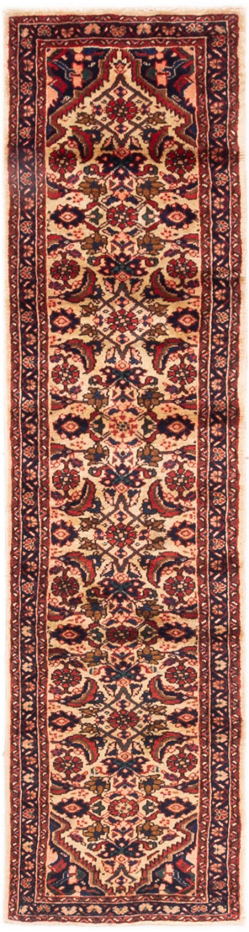 Full view of 1998s Hoseinabad rug from Iran / Persia, 255 × 65 cm in Multi Color tones
