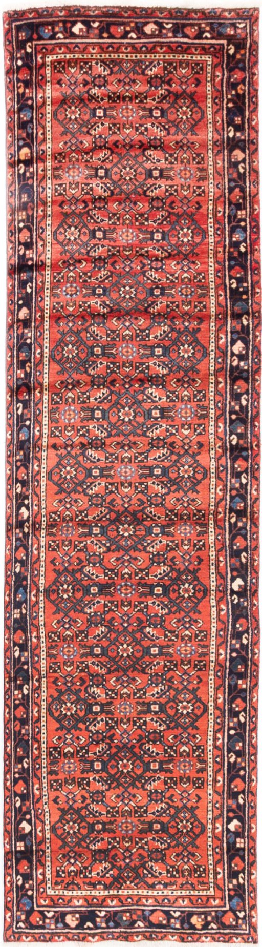Full view of 1975s Hoseinabad rug from Iran / Persia, 305 × 78 cm in Red tones
