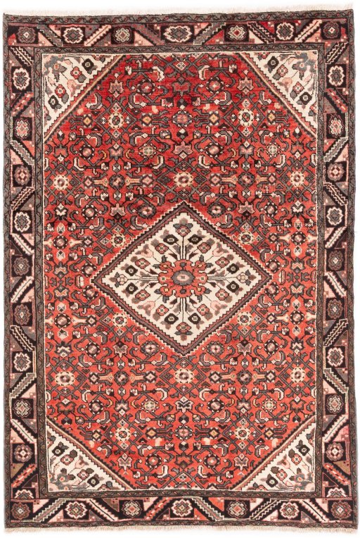Full view of 1970s Hoseinabad rug from Iran / Persia, 228 × 156 cm in Terracotta tones