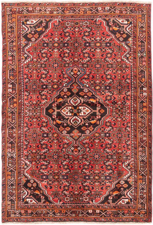 Full view of 1970s Hoseinabad rug from Iran / Persia, 200 × 140 cm in Red tones