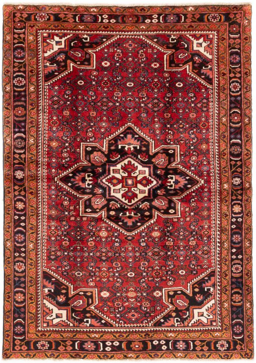 Full view of 1980s Hoseinabad rug from Iran / Persia, 217 × 152 cm in Red tones