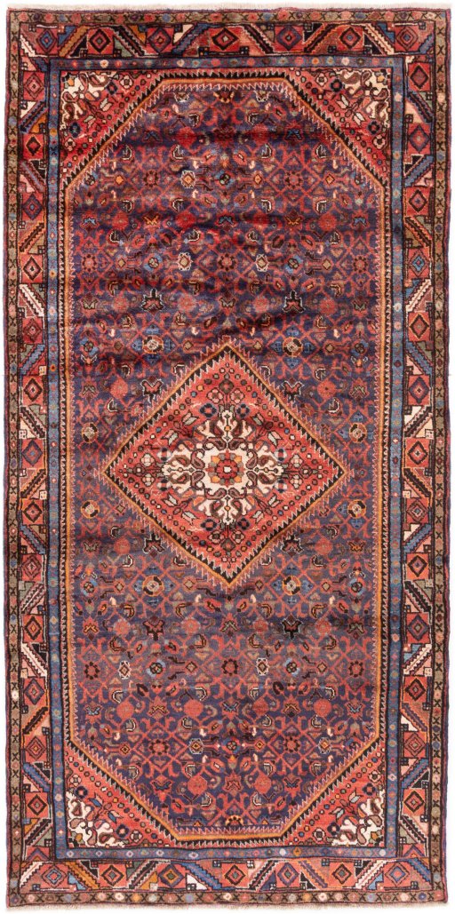 Full view of 1974s Hoseinabad rug from Iran / Persia, 323 × 158 cm in Dark blue tones