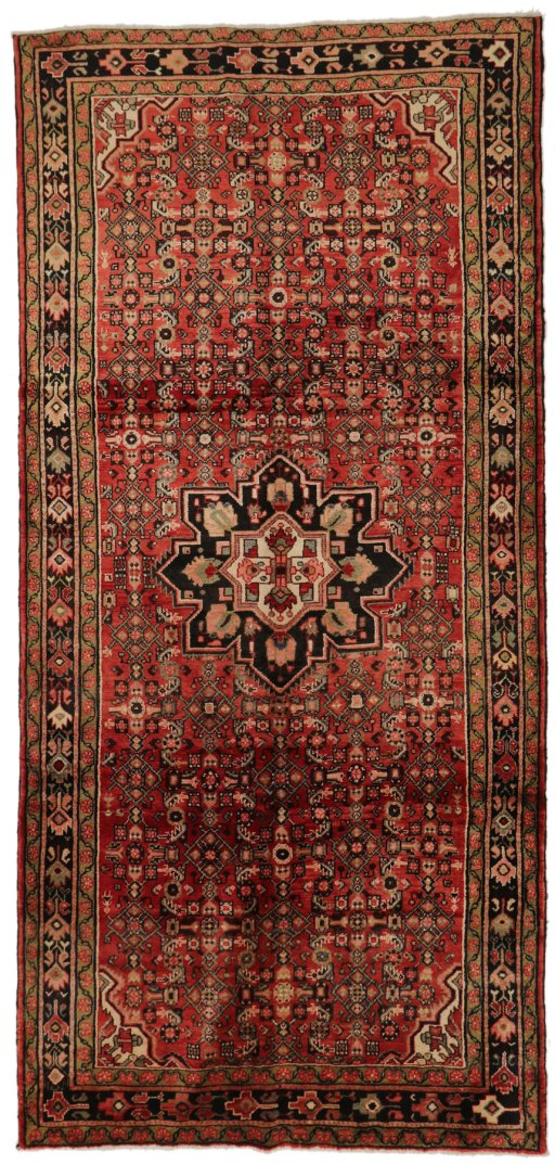 Full view of 1990s Hoseinabad rug from Iran / Persia, 345 × 165 cm in Multi Color tones