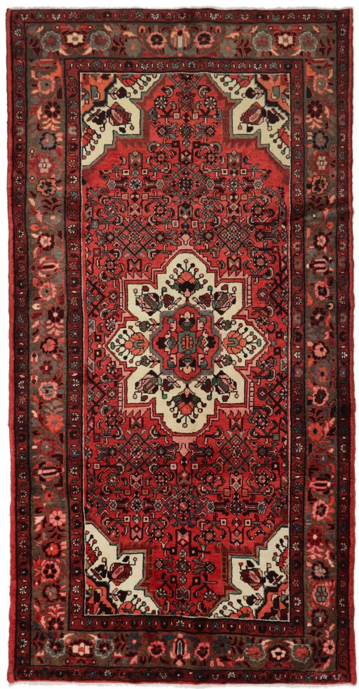 Full view of 2000s Hoseinabad rug from Iran / Persia, 320 × 160 cm in Red tones