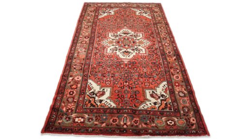 Full view of 2000s Hoseinabad rug from Iran / Persia, 320 × 160 cm in Red tones