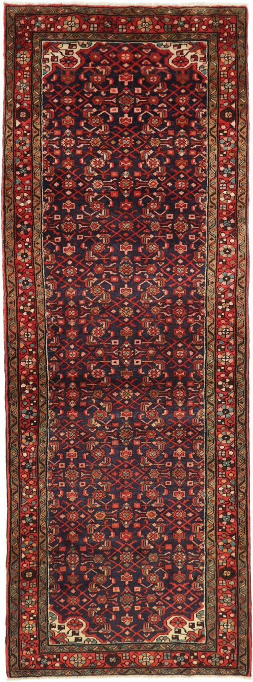 Full view of 2000s Hoseinabad rug from Iran / Persia, 320 × 115 cm in Dark blue tones