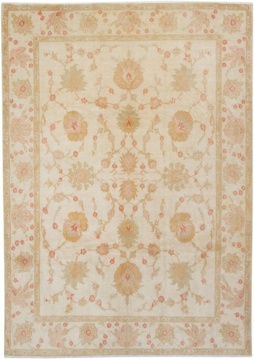 Full view of 1980s Isfahan rug from Iran / Persia, 345 × 243 cm in Cream tones